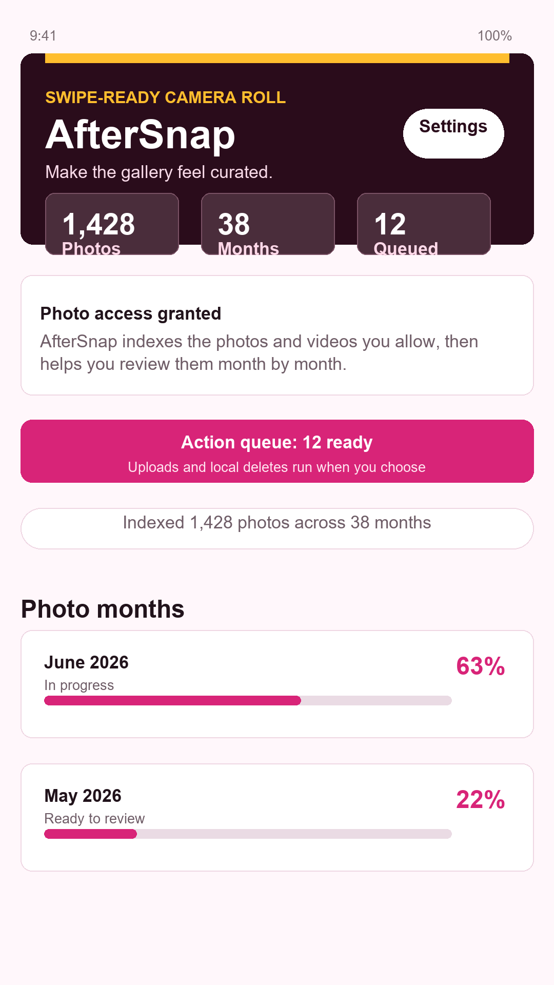 AfterSnap home screen with photos organized by month